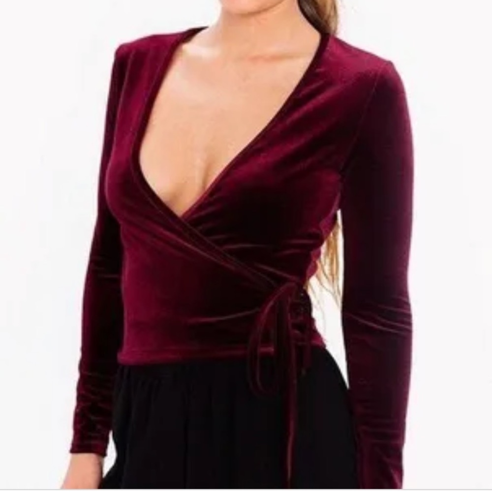 American Apparel Red Velvet Wrap Tie Waist Top